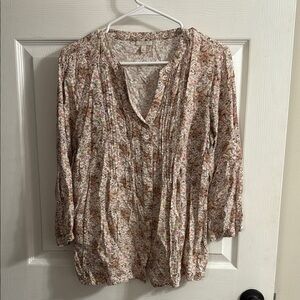 Talbots Tan and Cream Ruched Blouse with Mandarin Collar